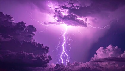 A powerful purple lightning bolt illuminates dark storm clouds during a dramatic electrical storm.