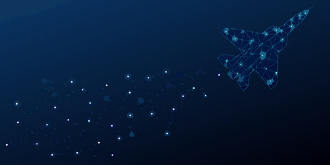 Low polygon fighter jet with trail on dark blue background