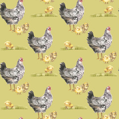 Farm birds watercolor seamless pattern on green with black hen and yellow chicks on grass lawn illustration. Hand drawn farmyard animals and rustic life scene for packing,textile,fabric design
