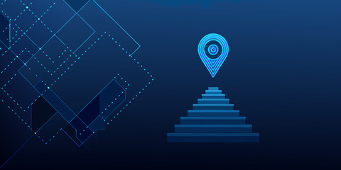 Ascending steps to location pin in a modern blue abstract design