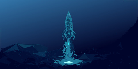 Low poly rocket launching into space with abstract blue background