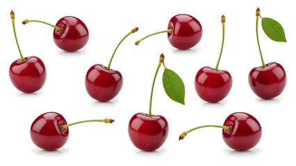 Collection of fresh cherries with stems and leaves isolated on white background perfect for food and