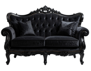 Ornate Black Elegant Sofa Front View with Decorative Carvings, isolated on transparent background