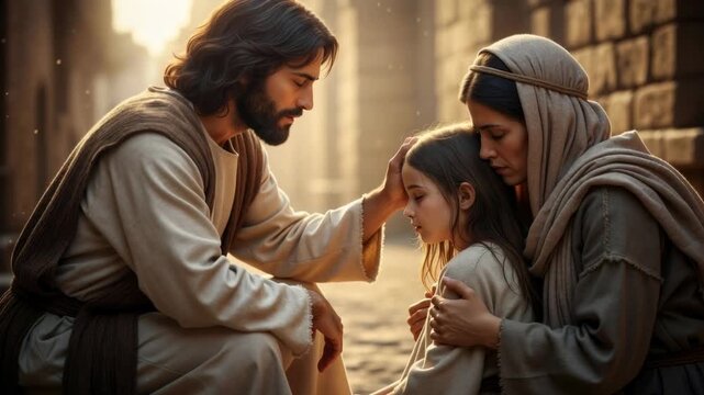 Jesus Christ kneeling to bless a young girl. Biblical scene of healing and compassion with a mother and child in an ancient city. Religious faith concept

