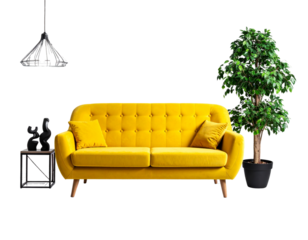 Yellow Sofa Interior Scene with Potted Tree and Modern Lighting on a Transparent Floor, isolated on transparent background