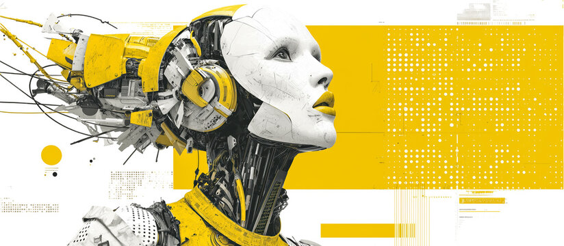 Futuristic robot artificial intelligence cyberpunk portrait yellow white profile female android technology Futuristic robot portrait yellow and white cyberpunk style, female android, isolated