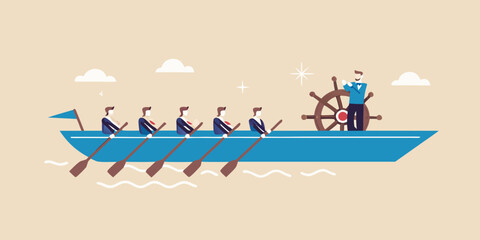 Teamwork and leadership business people rowing boat with captain at the helm