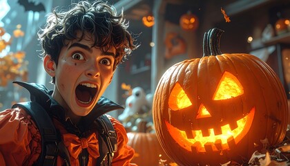 Excited boy with carved pumpkin, Halloween decor, and grinning face