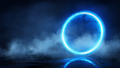 Mysterious portal glowing blue on smoky stage, a captivating modern design element
