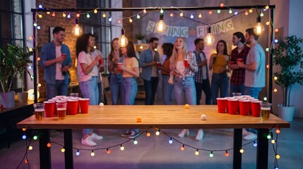 Group of young friends playing beer pong at festive indoor party  