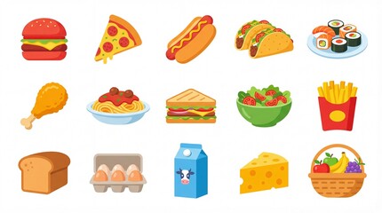 Diverse Colorful Flat Design Food Icons Collection on White Background for Menus & Apps