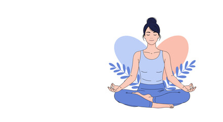 A calm and serene young woman meditating in a lotus position, fostering peace and mental well-being against a gentle, abstract background.