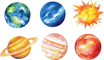 Hand-Painted Watercolor Solar System Planets and Sun Set - Space and Astronomy Vector Illustratio