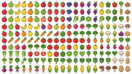 Colorful Flat Vector Icons Set of Fresh Fruits and Vegetables on Clean White Background