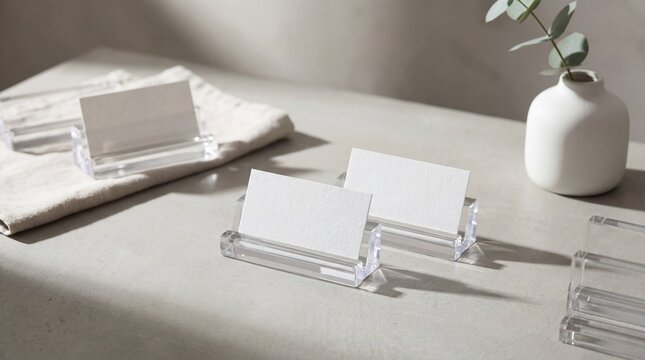 Acrylic business card holders on a minimalist table with decor  