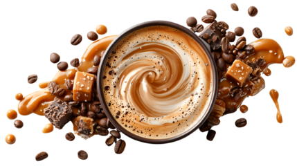 Caramel latte swirl coffee cup creamy foam chocolate chunk caramel drizzle coffee bean sweet dessert rich flavor cafe drink gourmet beverage with cozy mood and inviting warmth, isolated