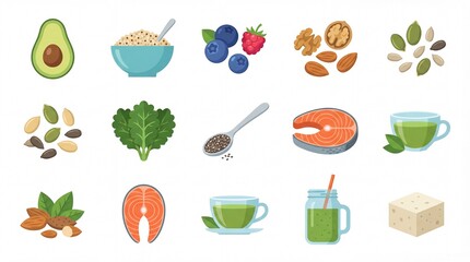 Refreshing Colorful Flat Vector Healthy Food & Superfood Icons on White Background