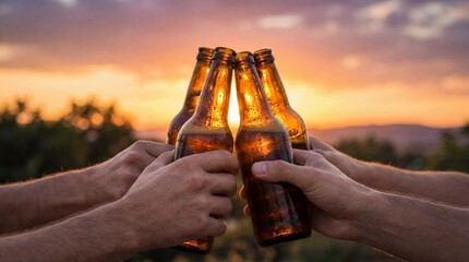 Group of friends toasting with beer bottles at sunset in nature