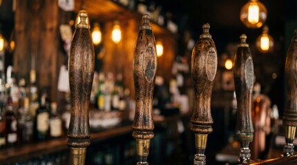 Vintage beer taps lined up in rustic bar setting with warm lighting