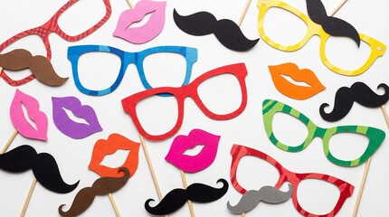 Colorful photo booth props including glasses, mustaches, and lips  