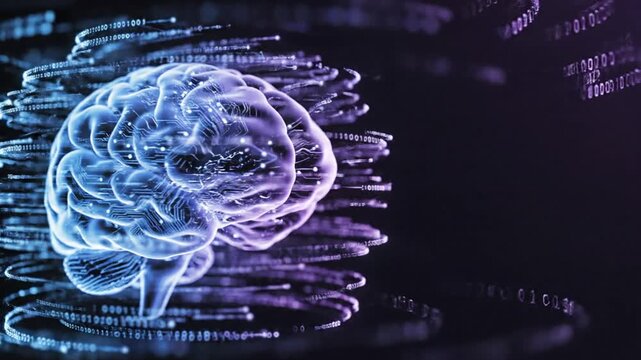 Digital Brain Banner with Neon Glowing Circuit Structure and Flowing Data Particles