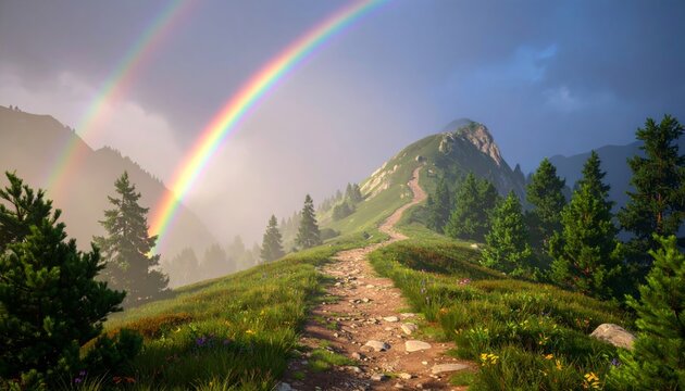 A breathtaking double rainbow arches over a winding mountain path and lush green landscape under a dramatic sky. - Powered by Adobe