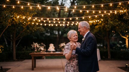 Elderly couple dancing joyfully under string lights in outdoor garden  