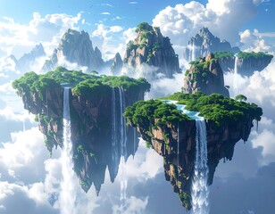 Floating islands with waterfalls, lush greenery, and stunning landscapes above clouds