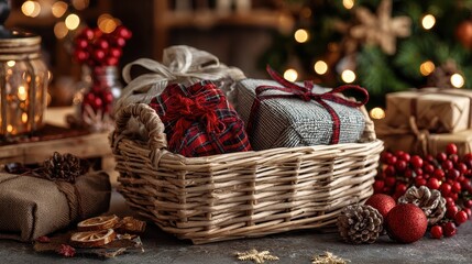 Holiday and Christmas and New year present concept. Gift basket, Gift set. 