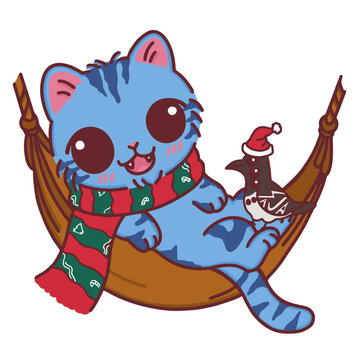 Christmas blue derpy cat wearing a scarf relaxing in a hammock with a bird in Santa hat