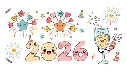 A cute and colorful cartoon illustration celebrating New Year 2026 with kawaii numbers, happy fireworks, and a cheerful champagne glass.