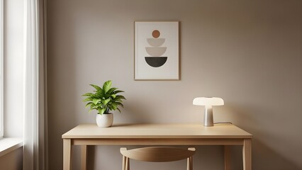 Serene and minimalist home office setup featuring a light wooden desk with a potted green plant and a modern abstract art print, creating a tranquil and productive workspace bathed in natural light