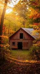 Rustic Cabin in Autumn Forest - A Picturesque Fall Scene.