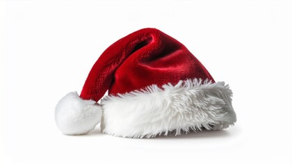 Red velvet Santa hat with white fur trim isolated on clean white background for Christmas decoration or holiday design