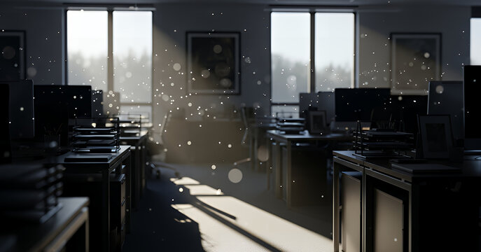 Gentle rays highlight drifting dust as they pour through the windows, creating a cinematic atmosphere within the darkened office filled with empty workstations.