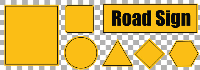 Collection of yellow road sign shapes with text template on transparent background