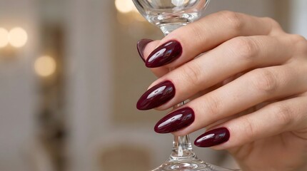 Elegant Hand with Burgundy Manicure Holding a Wine Glass