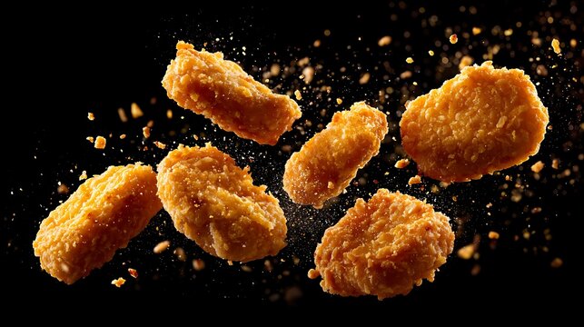 Golden Fried Chicken Nuggets on Black Background.