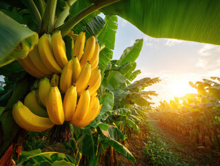 fresh and healthy ripe bunch of yellow bananas fruit on tree at agriculture plantation farm garden.