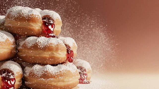 Fat Thursday festive, warm rose gold to cream gradient, stack of powdered sugar coated pączki with glossy jam filling