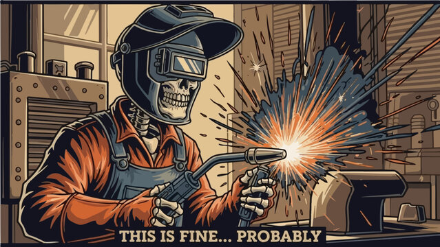 Funny skeleton welder working with torch and sparks with sarcastic "This Is Fine Probably" quote illustration