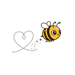 Obraz premium Adorable Cartoon Bee Flying and Trailing a Dotted Heart Path (Vector Illustration)