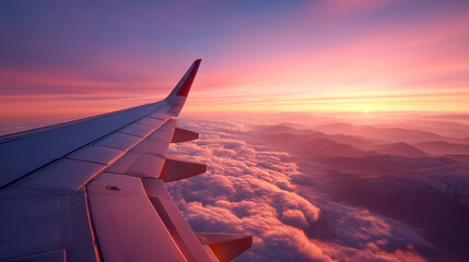 Airplane wing wingtip sunset sky pink clouds orange clouds aerial view mountain range horizon travel aviation Visual of airplane wingtip over pink and orange sunset sky above soft clouds