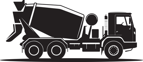 Black silhouette of a concrete mixer truck with a rotating drum on a white background