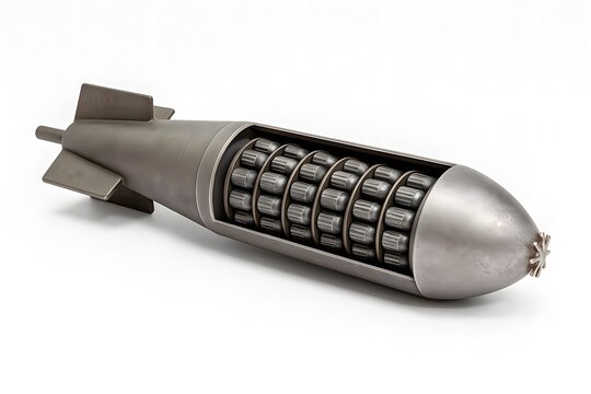 Deactivated Cluster Bomb Cross-Section &mdash; Photorealistic Cutaway with Internal Chambers on White Background