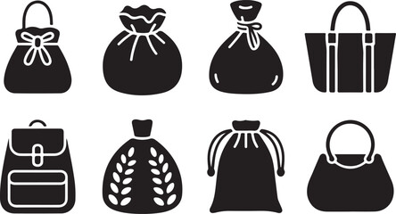 Christmas gift bag simple vector icon set. christmas silhouette icons on black color and white background