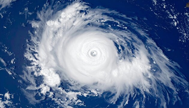 A satellite view of a powerful hurricane with a distinct eye swirling over the blue ocean, showcasing its immense scale and structure.