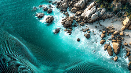 Rocky coastline turquoise surf aerial view ocean wave coastal rocks abstract lines polygon ribbon sandy beach turquoise water shoreline pattern Serene aerial view of rocky coastline with turquoise