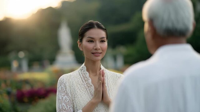 Beautiful Asian Woman in Traditional Dress Greeting Elderly Man Outdoors
