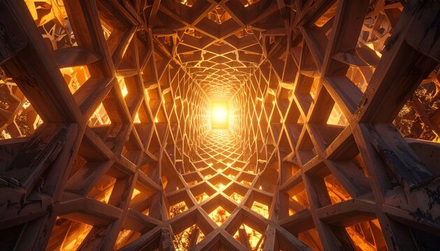 Intricate wooden lattice tunnel glowing with warm light, leading to a bright, distant point, creating a mesmerizing geometric perspective. - Powered by Adobe